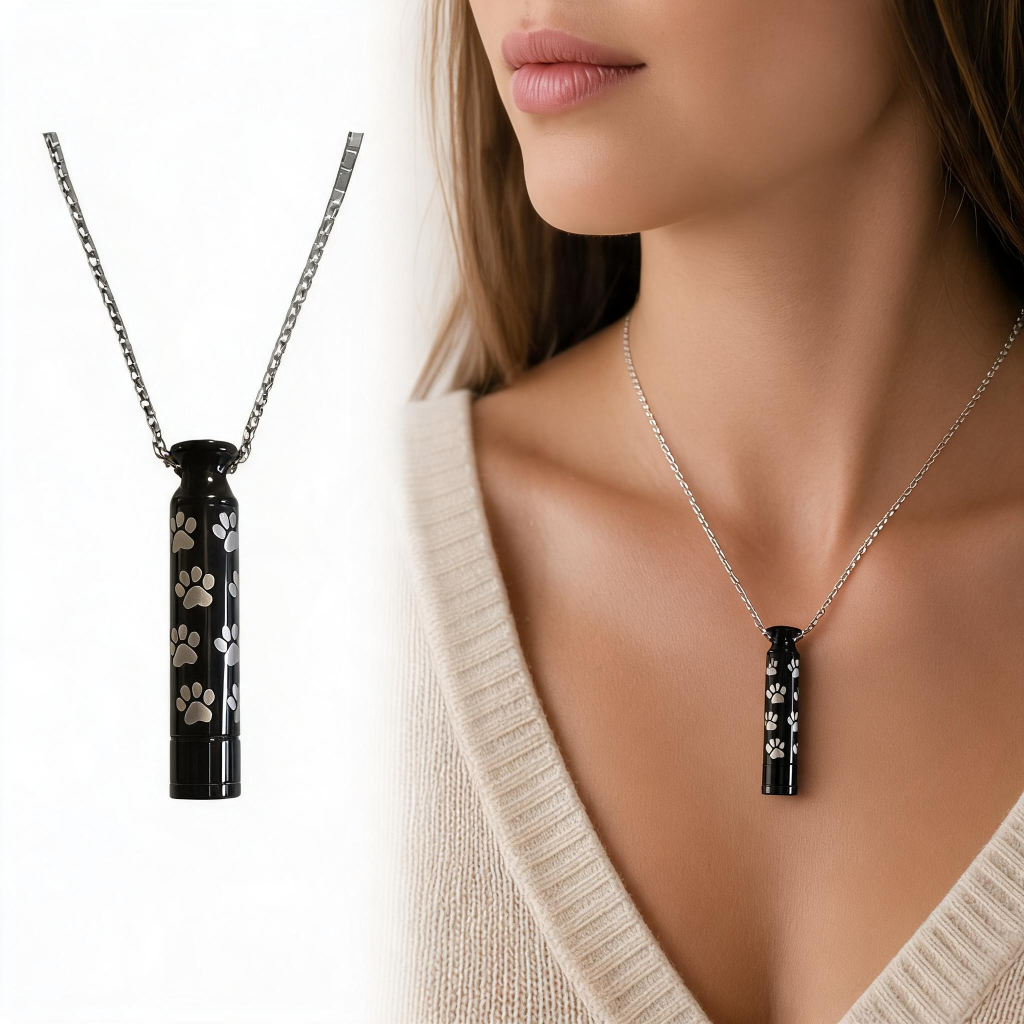 Paw Print Cylinder Black Pendant Necklace